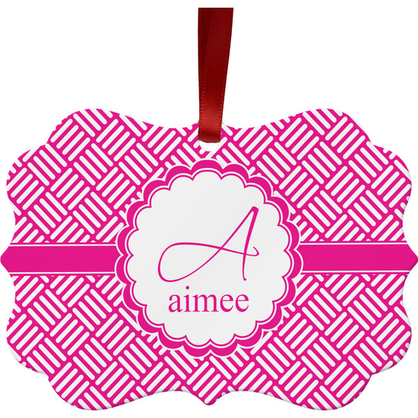 Custom Square Weave Metal Frame Ornament - Double Sided w/ Name and Initial
