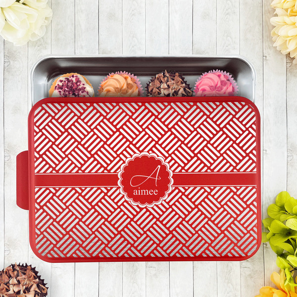 Square Weave Aluminum Baking Pan - Red Lid - LIFESTYLE