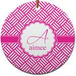 Square Weave Round Ceramic Ornament w/ Name and Initial