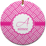 Square Weave Round Ceramic Ornament w/ Name and Initial