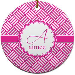 Square Weave Round Ceramic Ornament w/ Name and Initial