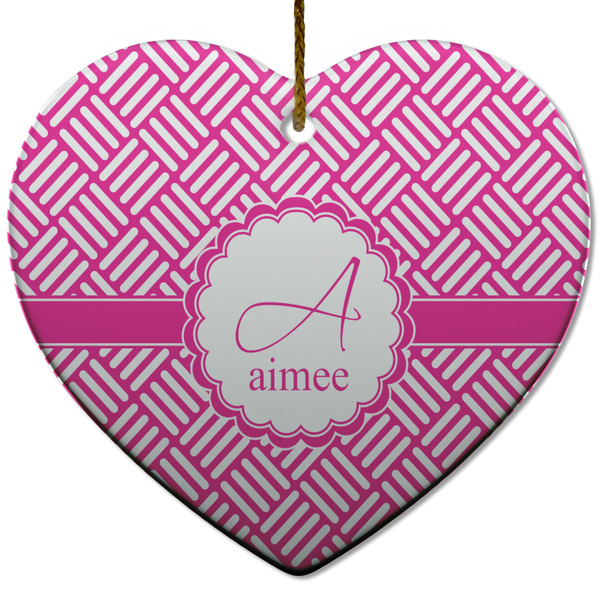 Custom Square Weave Heart Ceramic Ornament w/ Name and Initial