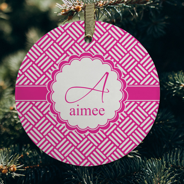 Square Weave Frosted Glass Ornament - Round (Lifestyle)