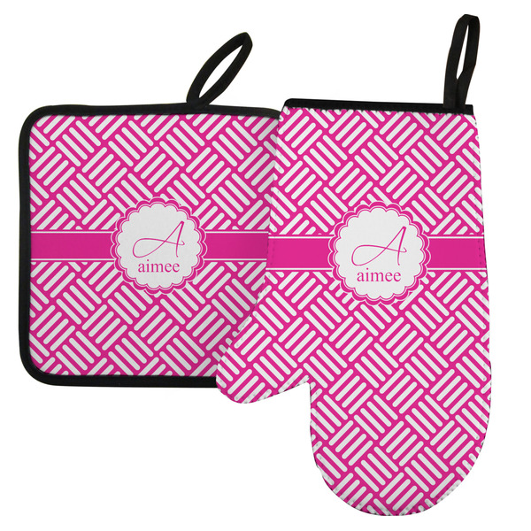 Custom Square Weave Left Oven Mitt & Pot Holder Set w/ Name and Initial