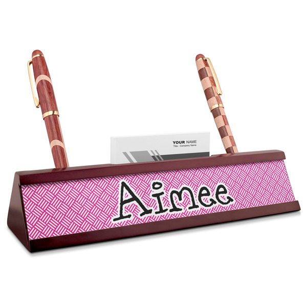 Custom Square Weave Red Mahogany Nameplate with Business Card Holder (Personalized)