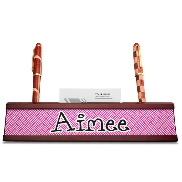 Square Weave Red Mahogany Nameplates with Business Card Holder - Straight