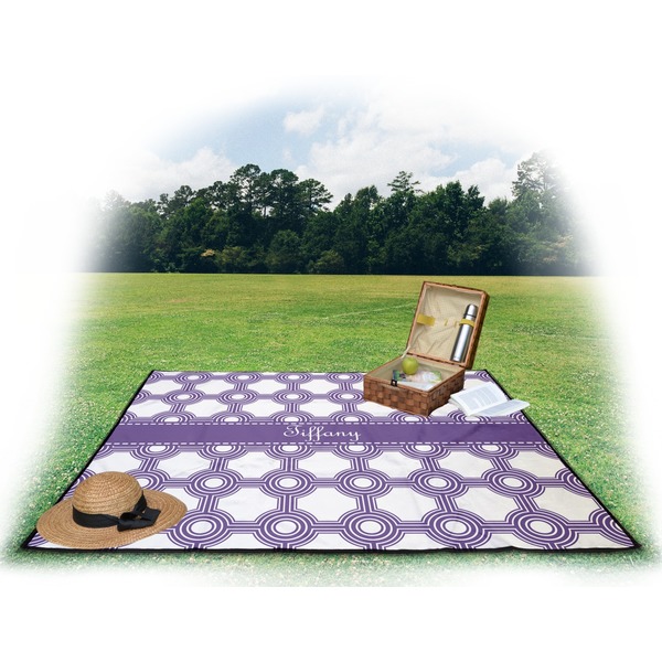 Connected Circles Picnic Blanket - with Basket Hat and Book - in Use
