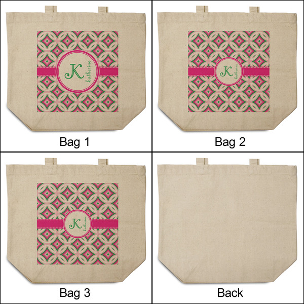 Linked Circles & Diamonds 3 Reusable Cotton Grocery Bags - Front & Back View