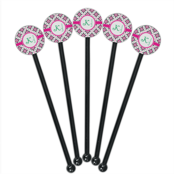 Linked Circles & Diamonds Black Plastic 5.5" Stir Stick - Round - Fan View