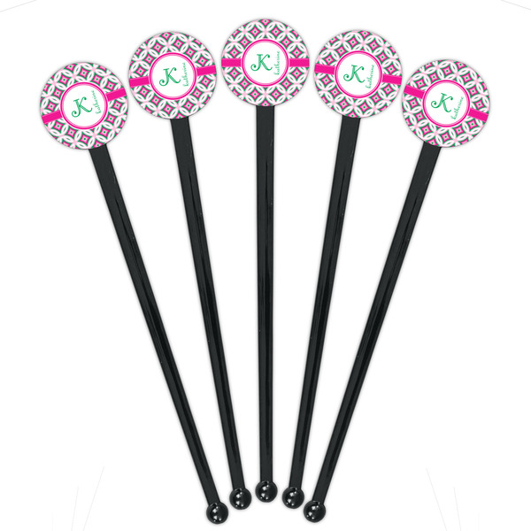 Linked Circles & Diamonds Black Plastic 7" Stir Stick - Round - Fan View