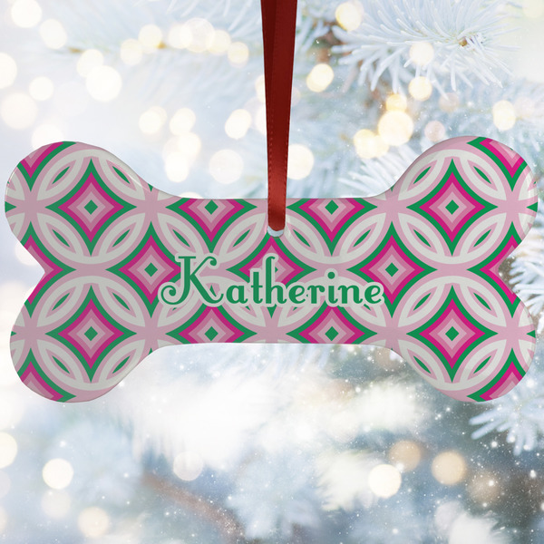 Custom Linked Circles & Diamonds Ceramic Dog Ornament w/ Name and Initial