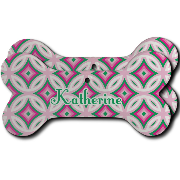 Custom Linked Circles & Diamonds Ceramic Dog Ornament - Front & Back w/ Name and Initial