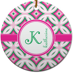 Linked Circles & Diamonds Round Ceramic Ornament w/ Name and Initial