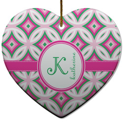 Linked Circles & Diamonds Heart Ceramic Ornament w/ Name and Initial