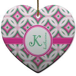 Linked Circles & Diamonds Heart Ceramic Ornament w/ Name and Initial
