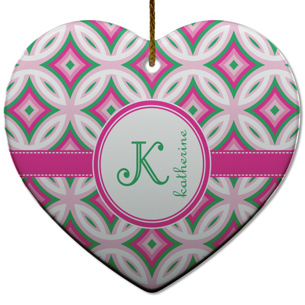 Custom Linked Circles & Diamonds Heart Ceramic Ornament w/ Name and Initial