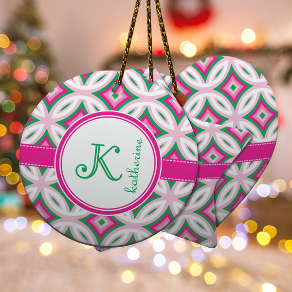 Custom Linked Circles & Diamonds Ceramic Ornament w/ Name and Initial