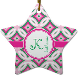 Linked Circles & Diamonds Star Ceramic Ornament w/ Name and Initial
