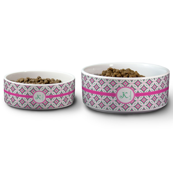 Linked Circles & Diamonds Ceramic Dog Bowls - Size Comparison
