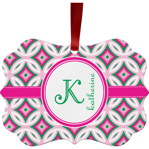 Custom Linked Circles & Diamonds Metal Frame Ornament - Double Sided w/ Name and Initial