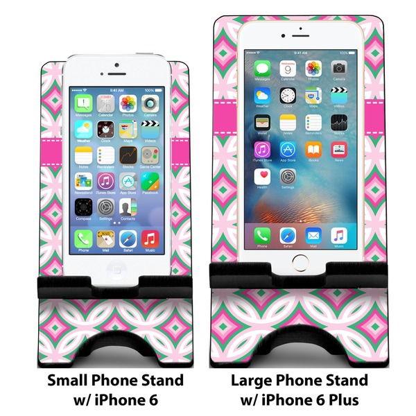 Linked Circles & Diamonds Compare Phone Stand Sizes - with iPhones