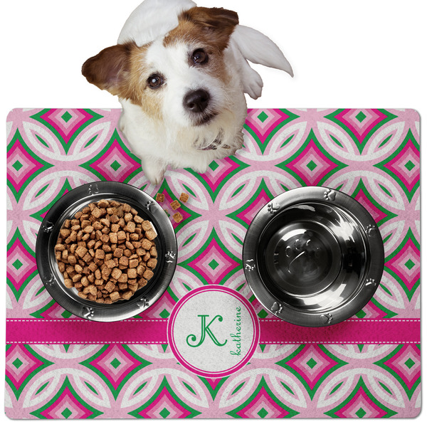 Custom Linked Circles & Diamonds Dog Food Mat - Medium w/ Name and Initial
