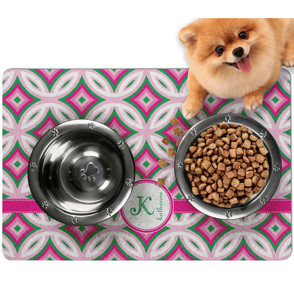 Custom Linked Circles & Diamonds Dog Food Mat - Small w/ Name and Initial