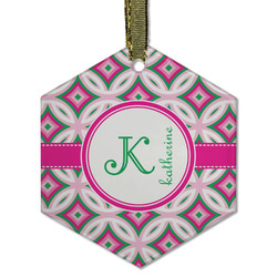 Linked Circles & Diamonds Flat Glass Ornament - Hexagon w/ Name and Initial