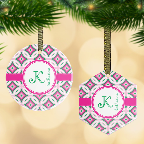 Custom Linked Circles & Diamonds Flat Glass Ornament w/ Name and Initial