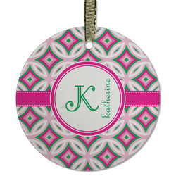 Linked Circles & Diamonds Flat Glass Ornament - Round w/ Name and Initial