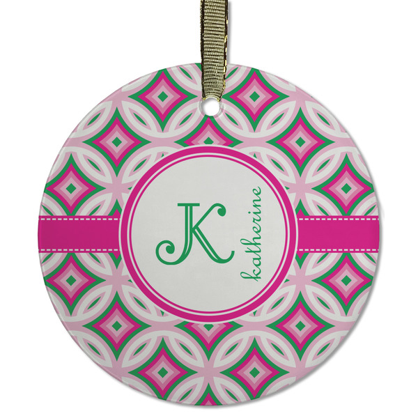 Custom Linked Circles & Diamonds Flat Glass Ornament - Round w/ Name and Initial