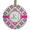 Linked Circles & Diamonds Flat Glass Ornament - Round w/ Name and Initial