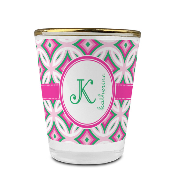 Linked Circles & Diamonds Glass Shot Glass - With gold rim - FRONT