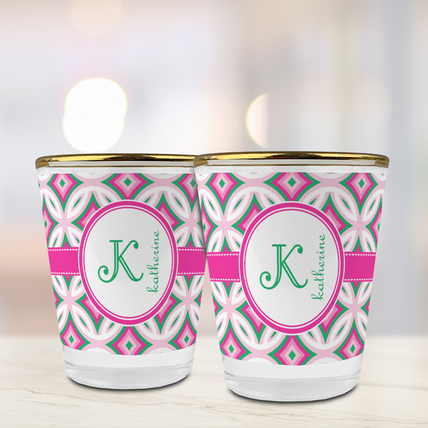 Linked Circles & Diamonds Glass Shot Glass - with gold rim - LIFESTYLE