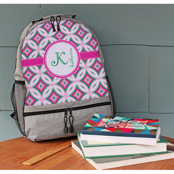 Linked Circles & Diamonds Large Backpack - Gray - On Desk