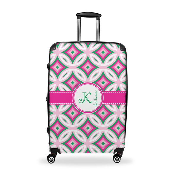 Custom Linked Circles & Diamonds Suitcase - 28" Large - Checked w/ Name and Initial