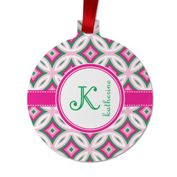 Linked Circles & Diamonds Metal Ball Ornament - Double Sided w/ Name and Initial