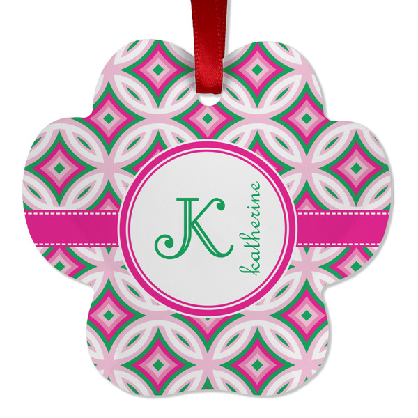 Custom Linked Circles & Diamonds Metal Paw Ornament - Double Sided w/ Name and Initial