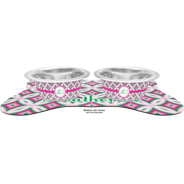 Linked Circles & Diamonds Metal Pet Bowls - On Dog Bone Shaped Mat