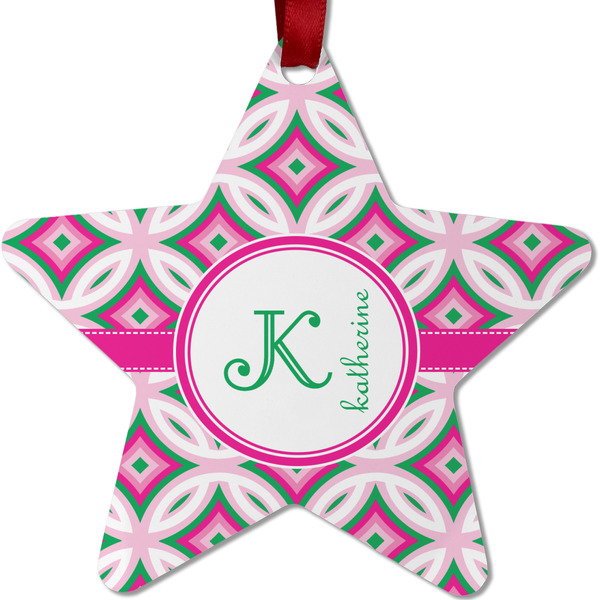 Custom Linked Circles & Diamonds Metal Star Ornament - Double Sided w/ Name and Initial