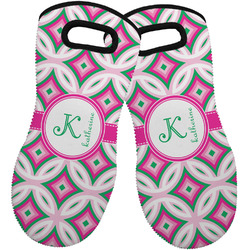 Linked Circles & Diamonds Neoprene Oven Mitts - Set of 2 w/ Name and Initial