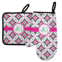 Linked Circles & Diamonds Left Oven Mitt & Pot Holder Set w/ Name and Initial