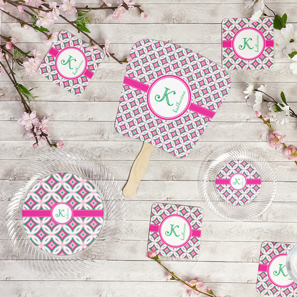 Linked Circles & Diamonds Party Supplies Combination Image - All items - Plates, Coasters, Fans