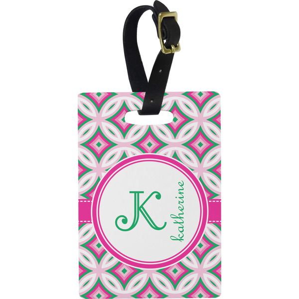 Custom Linked Circles & Diamonds Plastic Luggage Tag - Rectangular w/ Name and Initial