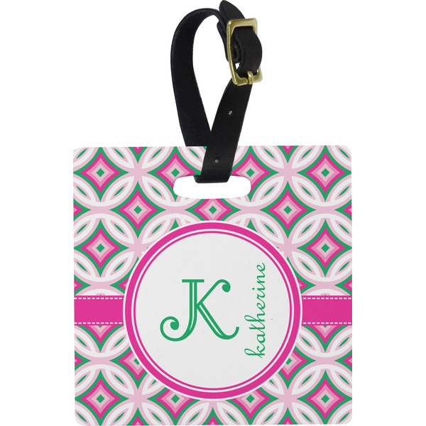 Custom Linked Circles & Diamonds Plastic Luggage Tag - Square w/ Name and Initial
