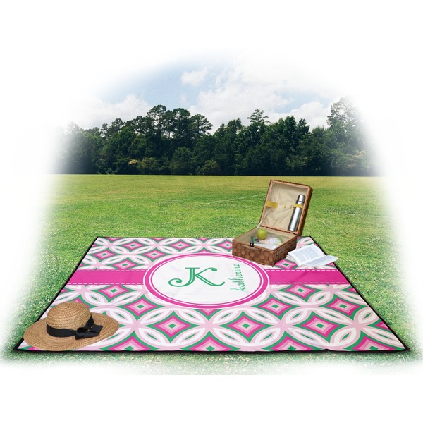 Linked Circles & Diamonds Picnic Blanket - with Basket Hat and Book - in Use