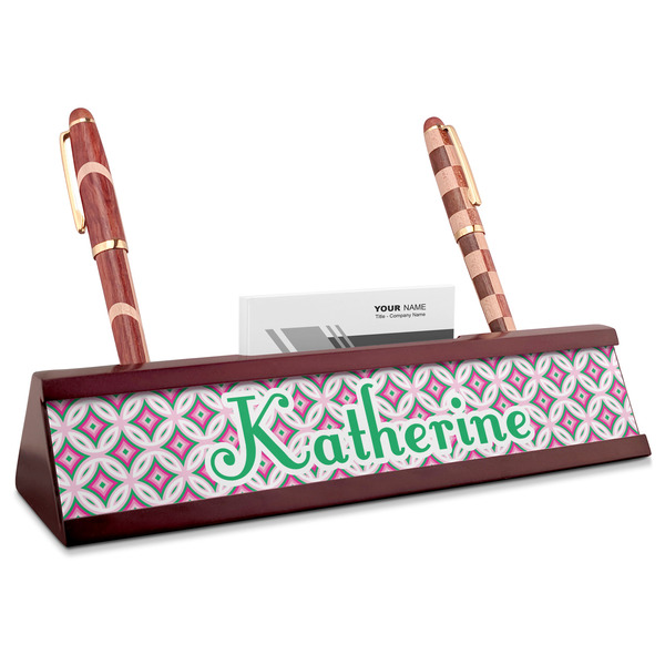 Custom Linked Circles & Diamonds Red Mahogany Nameplate with Business Card Holder (Personalized)
