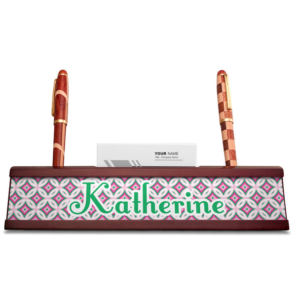 Linked Circles & Diamonds Red Mahogany Nameplates with Business Card Holder - Straight