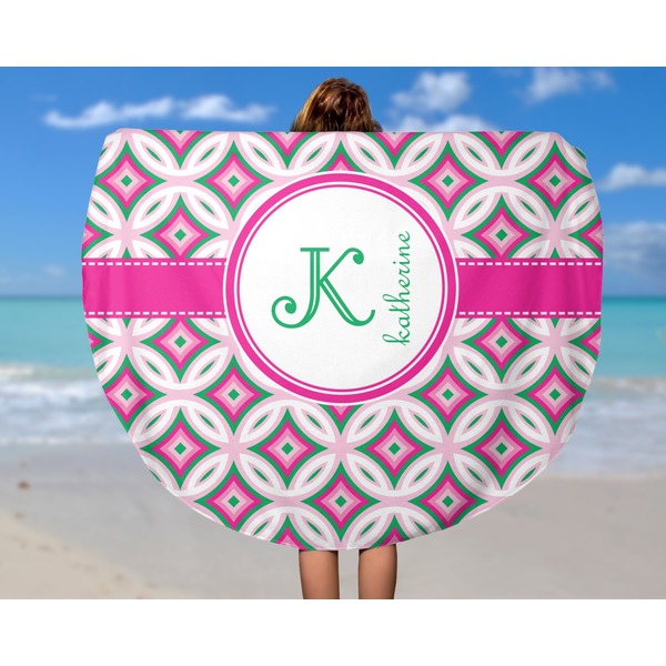 Linked Circles & Diamonds Round Beach Towel - In Use