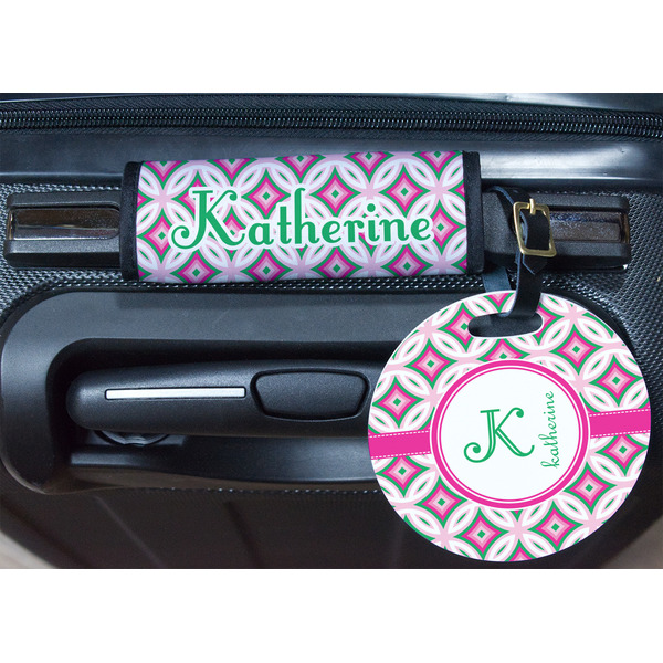 Linked Circles & Diamonds Round Luggage Tag & Handle Wrap - In Context
